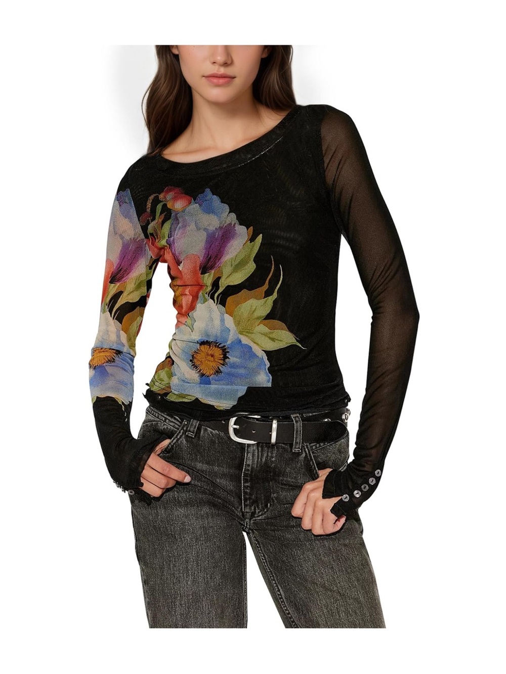 Mesh Long Sleeve Floral Tee Crew Neck Slim Fit Going Out Blouse